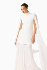 Whynter model wearing the Odelia Cape Sleeve Gown in White close up shot