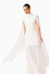 Whynter model wearing the Odelia Cape Sleeve Gown in White close up shot