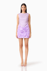 Brunette model wearing the Cerise Embellished Mini Dress in Purple, front shot