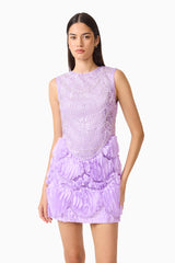 Brunette model wearing the Cerise Embellished Mini Dress in Purple close up shot
