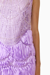 Brunette model wearing the Cerise Embellished Mini Dress in Purple detail shot