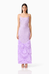Brunette model wearing the Cerise Embellished Gown in Purple, front shot