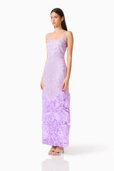 Brunette model wearing the Cerise Embellished Gown in Purple, side shot