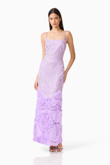 Brunette model wearing the Cerise Embellished Gown in Purple, posed shot