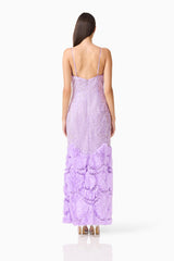 Brunette model wearing the Cerise Embellished Gown in Purple, back shot