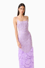 Brunette model wearing the Cerise Embellished Gown in Purple, close up shot