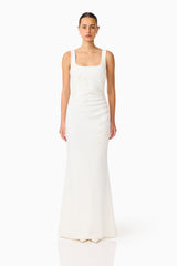 Brunette model wearing the Odelia Beaded Maxi Dress in White front shot