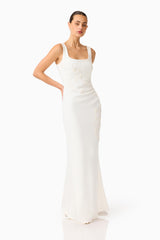 Brunette model wearing the Odelia Beaded Maxi Dress in White posed hand on hip shot