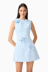 Brunette model wearing the Reina Applique Mini Dress in Sky Blue close hands on hips shot