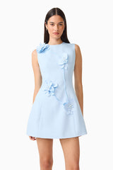 Brunette model wearing the Reina Applique Mini Dress in Sky Blue close up shot
