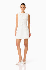 Brunette model wearing the Reina Applique Mini Dress Dress White posed shot