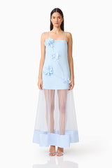 Brunette Model Wearing the Reina Applique Gown in Sky Blue Front Shot