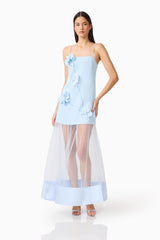 Brunette Model Wearing the Reina Applique Gown in Sky Blue Posed Hand on Hip Shot