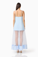 Brunette Model Wearing the Reina Applique Gown in Sky Blue Back Shot