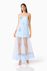 Brunette Model Wearing the Reina Applique Gown in Sky Blue Posed Shot