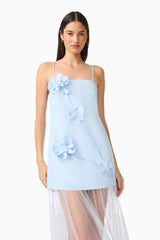 Brunette Model Wearing the Reina Applique Gown in Sky Blue Posed Medium Shot