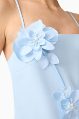 Brunette Model Wearing the Reina Applique Gown in Sky Blue Detail Close Up Shot