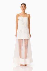 Brunette model wearing the Reina Appliqué Gown in White front shot