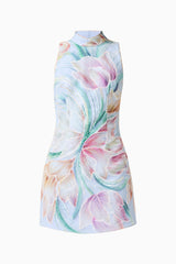 Priselle High Neck Mini Dress in Blue Floral ghost shot
