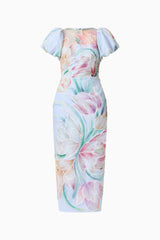 Priselle Puff Sleeve Midi Dress in Blue Floral ghost shot