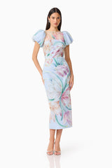 Brunette model wears the Priselle Puff Sleeve Midi Dress in Blue Floral posed shot
