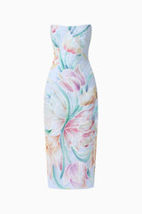 Priselle Strapless Midi Dress in Blue Floral ghost shot