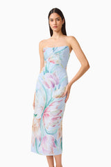 Brunette model wearing the Priselle Strapless Midi Dress in Blue Floral posed shot
