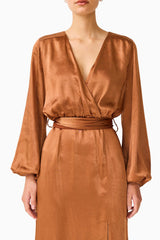 Brunette model wearing the Kai Long Sleeve Maxi Dress in Brown detail shot 