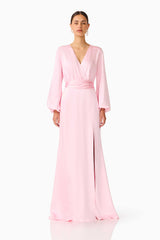 Brunette model wearing the Kai Long Sleeve Maxi Dress in Pale Pink front shot 