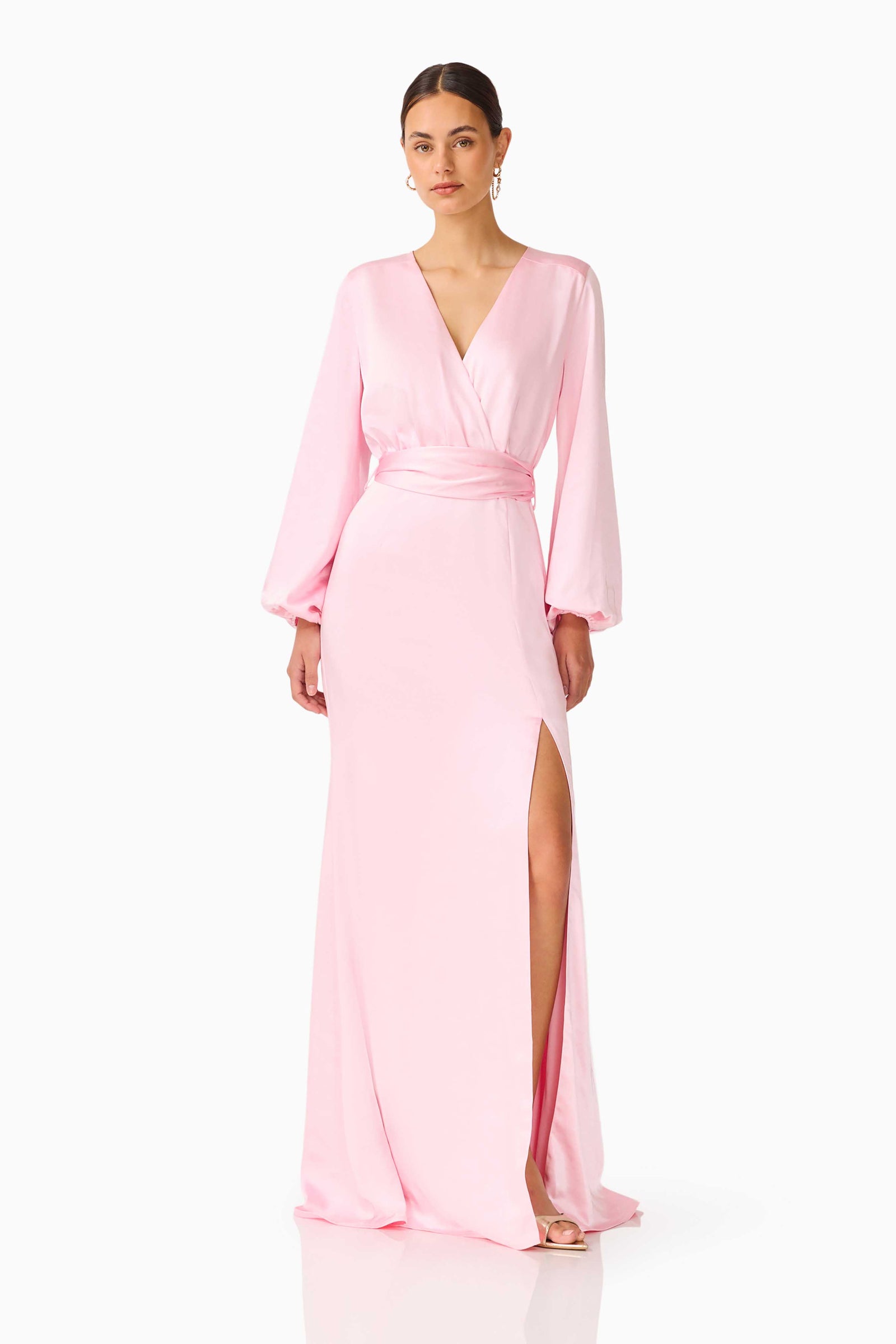 pink satin maxi dress long sleeve Pink Coast Flare Sleeve High Neck Satin Maxi Dress