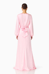 Brunette model wearing the Kai Long Sleeve Maxi Dress in Pale Pink back shot 