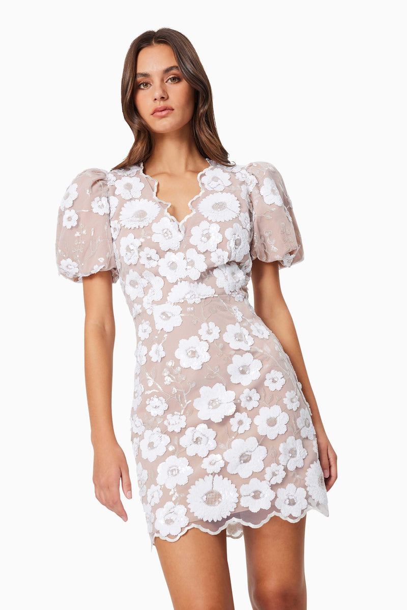 Elodie Mini Puff Sleeve Dress in White Elliatt Elodie Mini Puff Sleeve Dress in White Elliatt