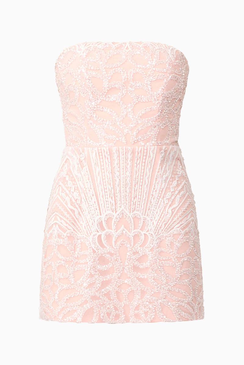 Brunette model wearing Kiki Strapless Mini Dress in Pink ghost shot