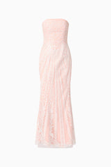 Blonde model wearing Kiki Strapless Gown in Pink front ghost shot