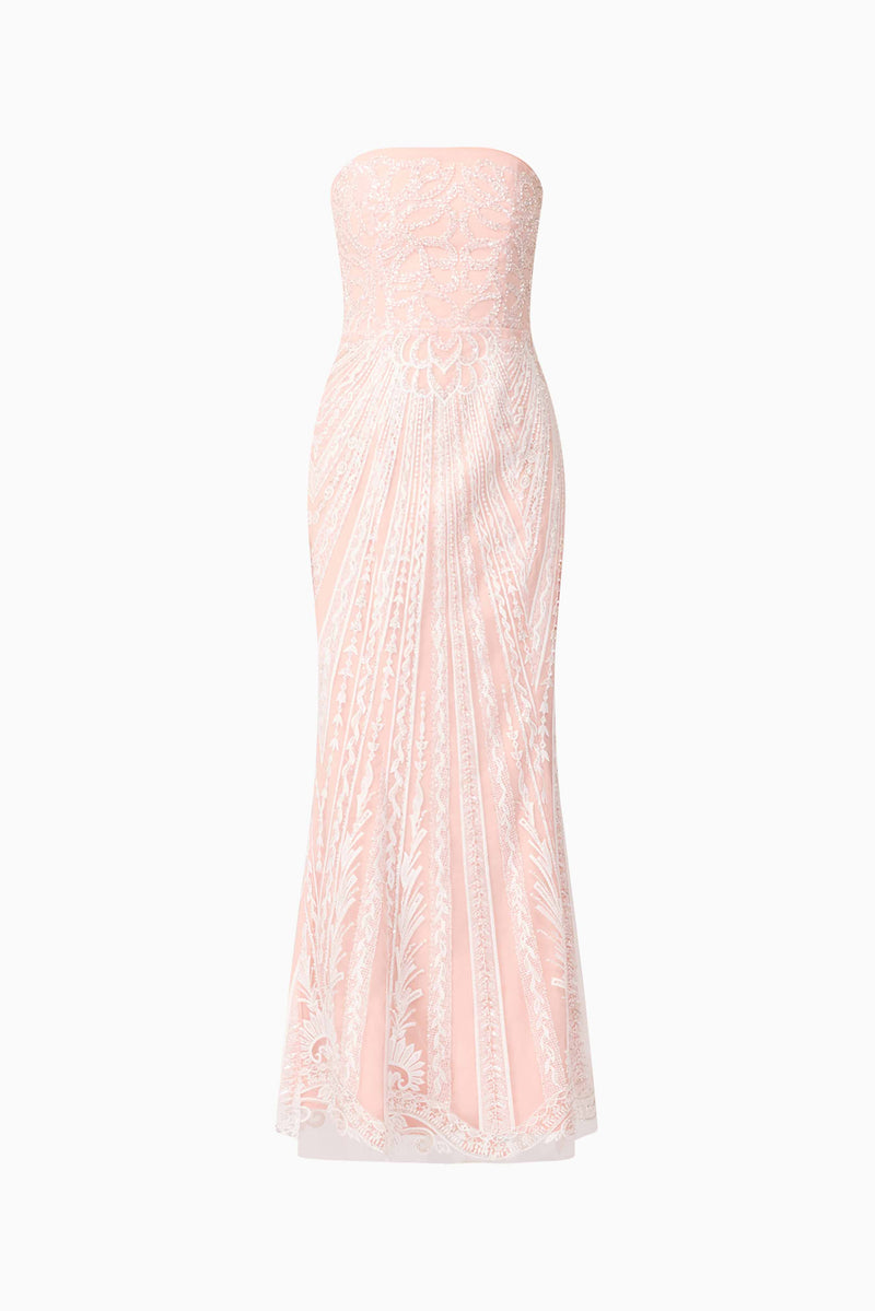 Blonde model wearing Kiki Strapless Gown in Pink front ghost shot