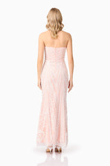 Blonde model wearing Kiki Strapless Gown in Pink back shot