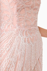 Blonde model wearing Kiki Strapless Gown in Pink detail shot