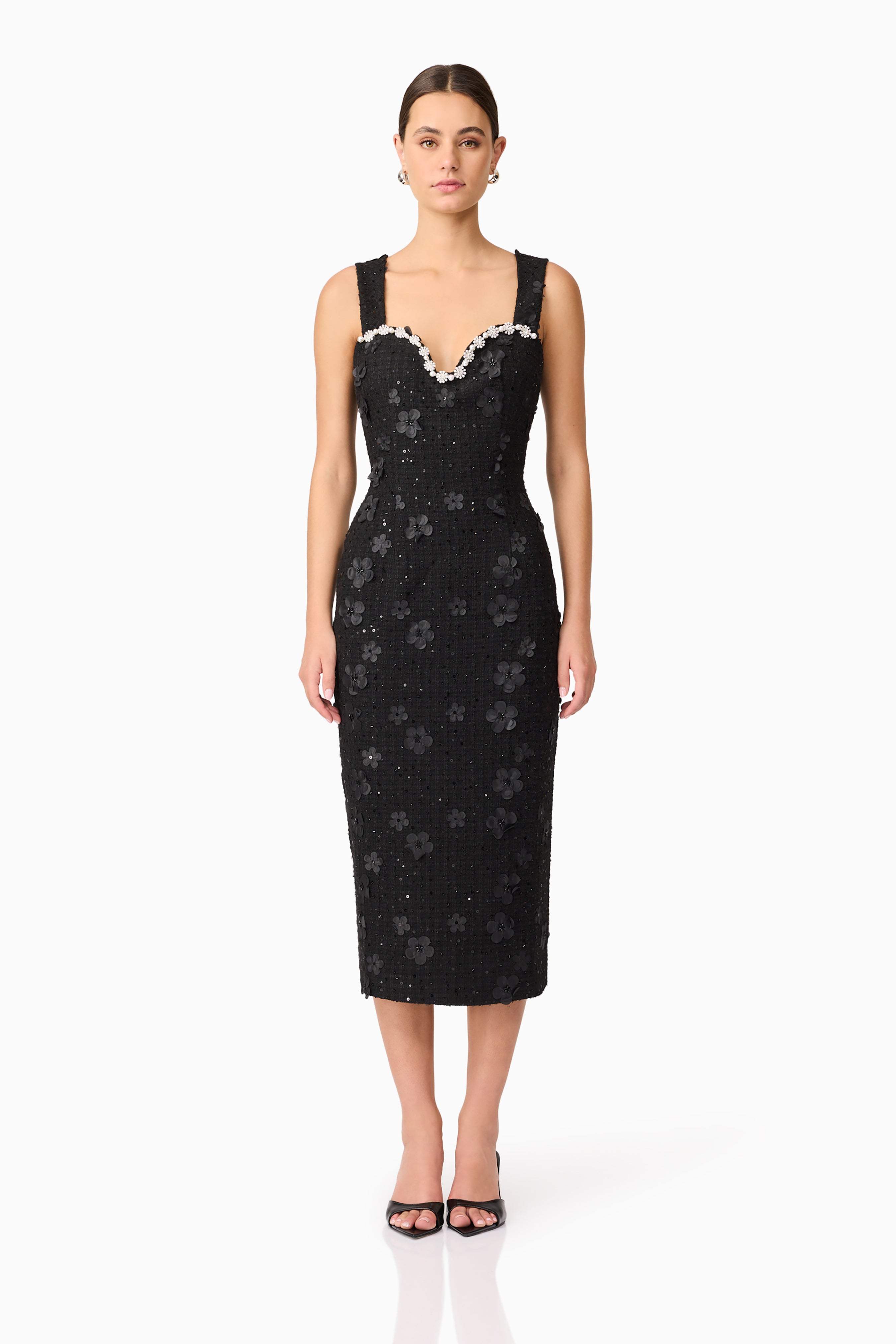Ellouise Embellished Tweed Midi Dress in Black | Pearl Trim