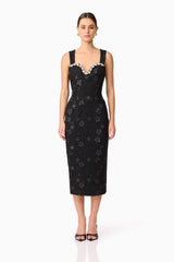 Brunette model wearing Ellouise Embellished Tweed Midi Dress in Black front shot