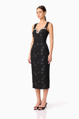 Brunette model wearing Ellouise Embellished Tweed Midi Dress in Black side shot