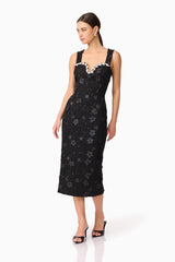 Brunette model wearing Ellouise Embellished Tweed Midi Dress in Black posed shot