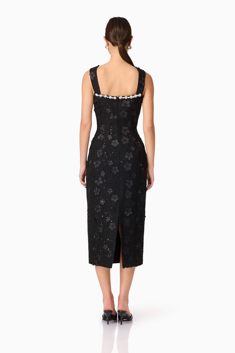 Brunette model wearing Ellouise Embellished Tweed Midi Dress in Black back shot