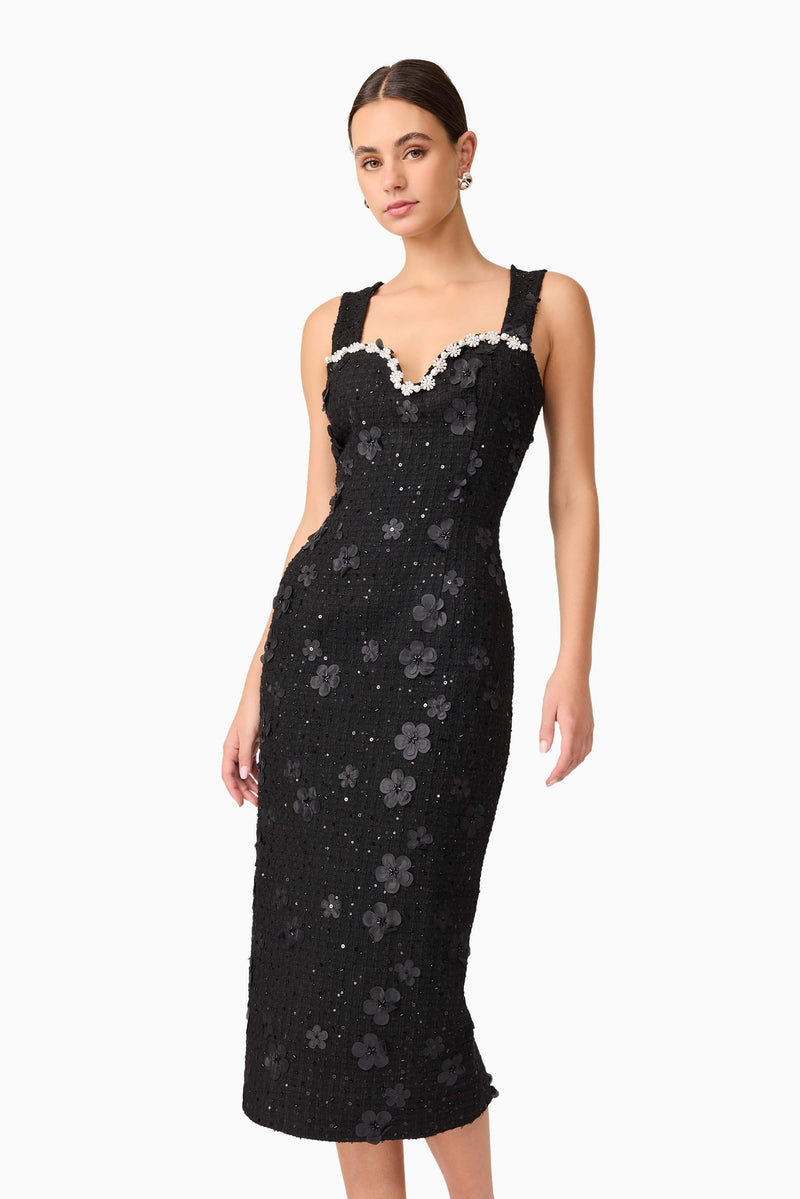 Brunette model wearing Ellouise Embellished Tweed Midi Dress in Black posed shot