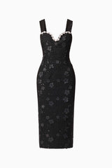 Brunette model wearing Ellouise Embellished Tweed Midi Dress in Black ghost shot