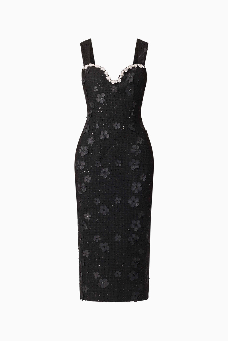 Brunette model wearing Ellouise Embellished Tweed Midi Dress in Black ghost shot