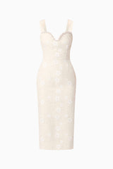 Blonde model wearing Ellouise Embellished Tweed Midi Dress in White ghost shot