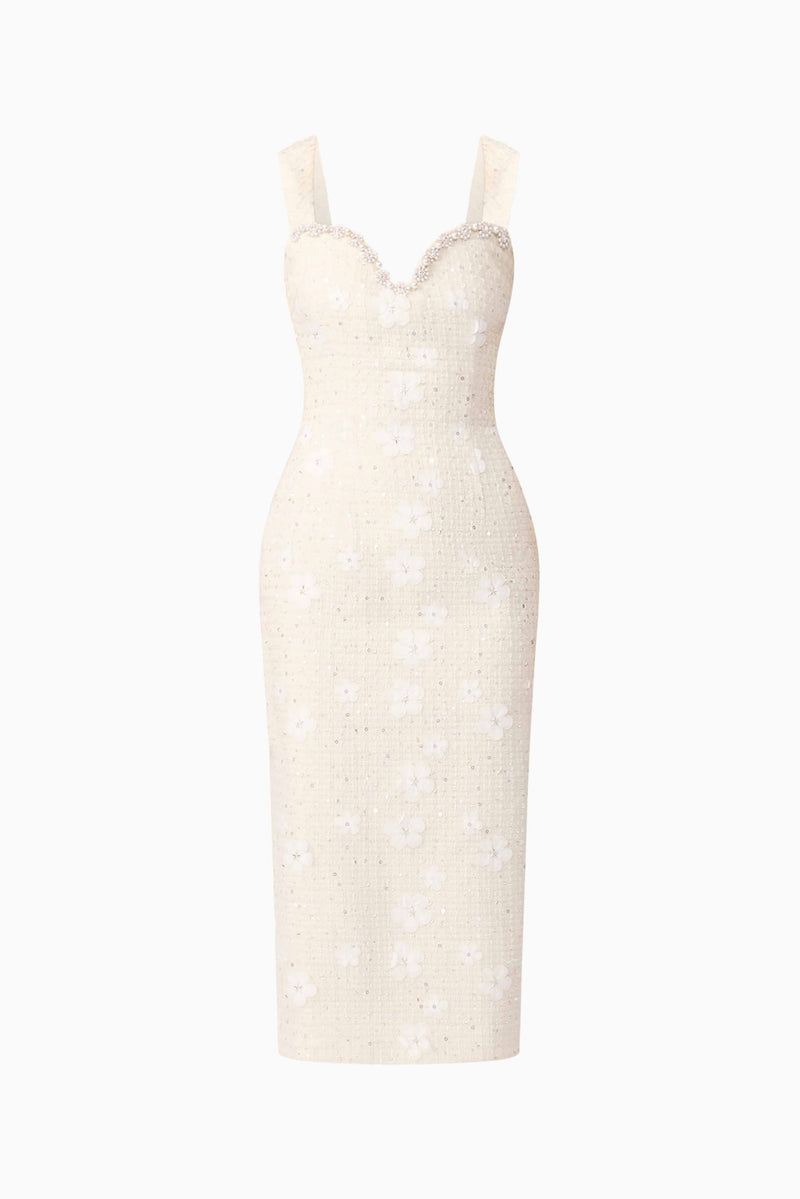 Blonde model wearing Ellouise Embellished Tweed Midi Dress in White ghost shot