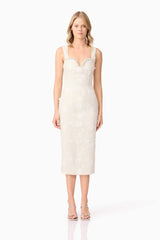 Blonde model wearing Ellouise Embellished Tweed Midi Dress in White front shot