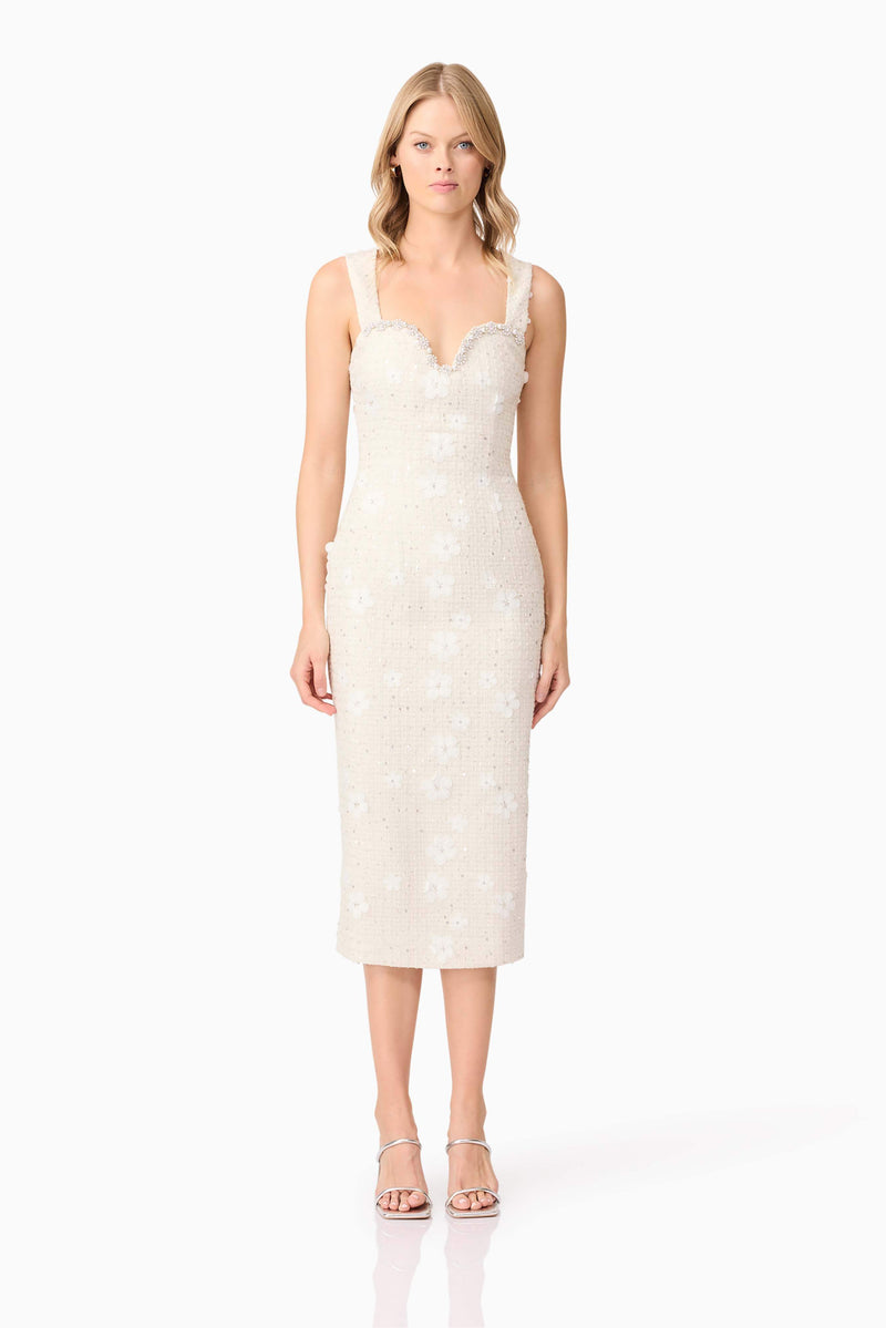 Blonde model wearing Ellouise Embellished Tweed Midi Dress in White front shot
