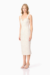 Blonde model wearing Ellouise Embellished Tweed Midi Dress in White side shot